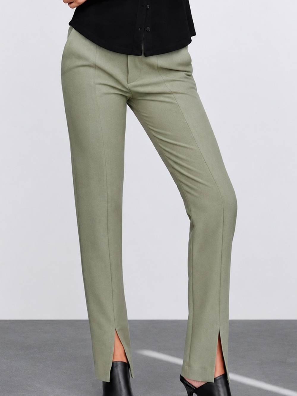 Zara Green Pleated Hem Slit Slacks Pants